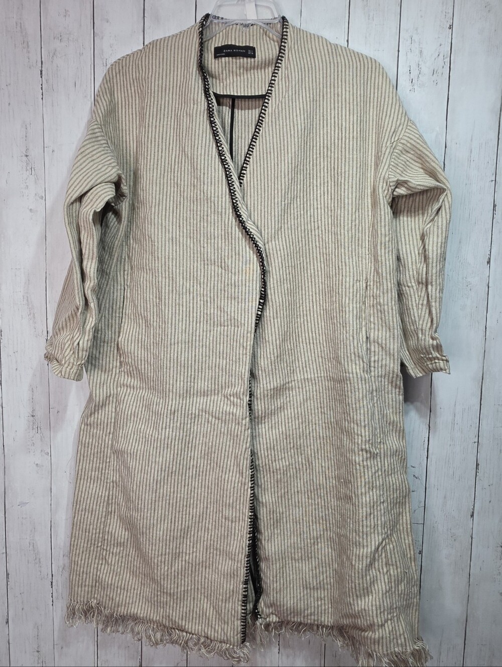 Zara Womens Beige Linen Striped Fringe Trim Hem Midi Duster Wrap Coat Size Large - Picture 6 of 15